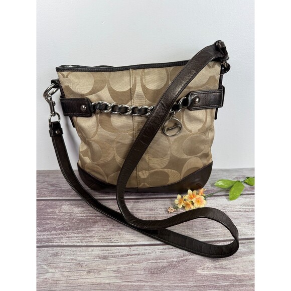 COACH F19730 Signature Chain Brown Beige Convertible Crossbody Shoulder bag - Picture 2 of 16